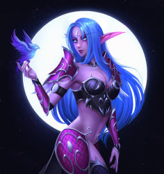 Rule 34 | 1girl, absurdres, alisa nilsen, armor, bird, blue hair, boobplate, breastplate, closed mouth, colored skin, commission, cowboy shot, diadem, elf, elunia (warcraft), facial mark, full moon, hand up, highres, long eyebrows, long hair, long pointy ears, moon, navel, night elf (warcraft), night elf (warcraft), pink skin, pointy ears, smile, solo, standing, thighhighs, toned, warcraft, world of warcraft