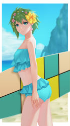 Rule 34 | 10s, 1girl, absurdres, aqua eyes, arm at side, ass, bare shoulders, beach, bikini, blue bikini, blurry, border, breasts, carrying, carrying under arm, circlet, cloud, cowboy shot, day, depth of field, earrings, eyelashes, flower, from side, glint, green hair, hair flower, hair ornament, highres, jewelry, lens flare, long hair, looking at viewer, macross, macross delta, ousang, outdoors, outside border, reina prowler, short hair, sky, small breasts, smile, solo, star (symbol), star earrings, summer, surfboard, swimsuit, white border, yellow flower