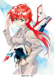 Rule 34 | 1990s (style), 1girl, agahari, aircraft, airplane, amelia yeager, aozora shoujotai, copyright name, f-16, green eyes, helmet, long hair, looking at viewer, military, military uniform, painting (medium), pilot suit, red hair, retro artstyle, solo, thunderbirds (team), traditional media, uniform