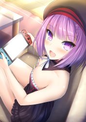 Rule 34 | 1girl, :d, bare arms, bare legs, bare shoulders, beret, black dress, black hat, blunt bangs, blush, breasts, carpet, cleavage, couch, detached collar, dress, fate/grand order, fate (series), foreshortening, frilled dress, frills, from side, glass table, hat, helena blavatsky (fate), holding, indoors, looking at viewer, looking to the side, nintendo switch, on couch, open mouth, playing games, purple eyes, purple hair, ribbon, short dress, short hair, sitting, small breasts, smile, solo, strapless, strapless dress, table, taiki ken, white ribbon