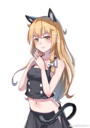 Rule 34 | 1girl, :3, absurdres, animal ears, bare shoulders, black skirt, black vest, blonde hair, blush, bow, buttons, cat ears, cat tail, closed mouth, collarbone, double-breasted, du mogu, hair bow, highres, kemonomimi mode, kirisame marisa, long hair, navel, no headwear, own hands together, skirt, sleeveless, solo, stomach, tail, touhou, upper body, vest, weibo watermark, white bow, yellow eyes