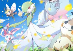 Rule 34 | absurdres, blue eyes, cloud, commentary, creatures (company), cutiefly, day, fang, flying, from below, game freak, gardevoir, gen 3 pokemon, gen 6 pokemon, gen 7 pokemon, gen 8 pokemon, grass, hatterene, highres, kisa (kisa-kisa5900), falling leaves, mimikyu, nintendo, open mouth, outdoors, pokemon, pokemon (creature), red eyes, ribombee, sky, smile, standing, sylveon, tongue
