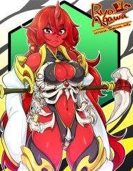 Rule 34 | 1girl, agawa ryou, artist name, bad id, bad pixiv id, bare shoulders, black thighhighs, breasts, cleavage, colored skin, covered erect nipples, eyebrows, fang, female focus, horns, large breasts, looking at viewer, navel, oni, original, red hair, red oni, red skin, scythe, single horn, solo, thighhighs, thighs, watermark, weapon, web address