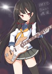 Rule 34 | 1girl, absurdres, bass guitar, black hair, black skirt, black thighhighs, blue sailor collar, blush, closed mouth, commentary request, dress shirt, gloves, hair ribbon, highres, holding, holding instrument, ichi (ichi.colors), instrument, isokaze (kancolle), kantai collection, long hair, long sleeves, neckerchief, orange neckerchief, pleated skirt, red eyes, red ribbon, ribbon, sailor collar, shirt, sidelocks, single thighhigh, skirt, smile, solo, thighhighs, very long hair, white gloves, white shirt