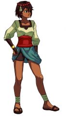 Rule 34 | 1girl, ajna (indivisible), ankle wrap, beads, bike shorts, black shorts, blue skirt, bracelet, bridal gauntlets, brown eyes, brown hair, closed mouth, dark skin, dark-skinned female, full body, hair beads, hair ornament, hand on own hip, highres, indivisible, jewelry, layered sleeves, long sleeves, looking to the side, sandals, sash, shirt, short hair, short over long sleeves, short sleeves, shorts, shorts under skirt, simple background, skirt, solo, standing, white background, white shirt, zzf111