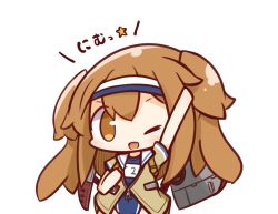 Rule 34 | &gt;;d, 10s, 1girl, ;d, arm up, brown eyes, chibi, hairband, i-26 (kancolle), kantai collection, light brown hair, long hair, nuu (nu-nyu), one eye closed, open mouth, rigging, simple background, smile, solo, star (symbol), swimsuit, swimsuit under clothes, two-tone hairband, two side up, v-shaped eyebrows, white background