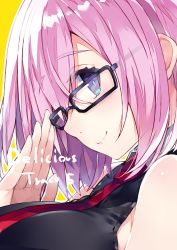 Rule 34 | 1girl, absurdres, alternate eye color, black-framed eyewear, blue eyes, blush, breasts, close-up, closed mouth, fate/grand order, fate (series), from side, hair over one eye, highres, kou mashiro, large breasts, looking at viewer, mash kyrielight, necktie, outline, pink hair, red necktie, short hair, simple background, sleeveless, smile, solo, upper body, yellow background