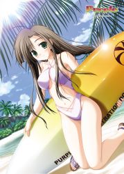 Rule 34 | 00s, 1girl, 2005, absurdres, ahoge, akiiro renka, beach, black hair, blush, breasts, brown hair, casual one-piece swimsuit, day, dutch angle, english text, forest, green eyes, halterneck, highres, holding, holding behind back, kneeling, large breasts, lens flare, long hair, mountain, nature, navel, official art, one-piece swimsuit, outdoors, palm tree, purple software, sagawa eriko, sandals, smile, solo, sun, surfboard, swimsuit, tree, water