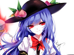 Rule 34 | 1girl, artist name, black hat, blouse, blue hair, bow, bowtie, center frills, chinese commentary, commentary request, food, frilled shirt collar, frills, fruit, hair between eyes, hat, head tilt, hinanawi tenshi, keystone, leaf, looking at viewer, peach, puffy short sleeves, puffy sleeves, red bow, red bowtie, red eyes, rope, sheya, shide, shimenawa, shirt, short sleeves, signature, simple background, smile, solo, touhou, upper body, white background, white shirt, wing collar