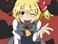 Rule 34 | 1girl, blonde hair, blush, chocolate, english text, female focus, hair ribbon, hihachi, looking at viewer, mouth hold, one eye closed, open hand, red eyes, ribbon, rumia, short hair, solo, touhou, valentine, wink