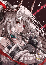 Rule 34 | 1girl, absurdres, arknights, bare shoulders, black background, black gloves, breasts, collar, ear piercing, eyebrows hidden by hair, gloves, hair ornament, hammer, highres, holding, holding hammer, holding weapon, horns, infection monitor (arknights), large breasts, long hair, long sleeves, looking at viewer, material growth, mudrock (arknights), open clothes, oripathy lesion (arknights), parted lips, piercing, pointy ears, red eyes, shokikanes, simple background, solo, tank top, upper body, very long hair, weapon