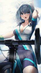 Rule 34 | 1girl, absurdres, animal ears, bicycle, bike shorts, blue archive, blue eyes, blue shorts, blush, breasts, cleavage, collarbone, hair ornament, highres, large breasts, looking at viewer, medium hair, open mouth, outdoors, shiroko (blue archive), shiroko (cycling) (blue archive), short sleeves, shorts, silver hair, solo, sora (men0105), sweat