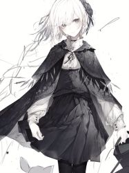 Rule 34 | 1girl, black capelet, black dress, bucket, capelet, dress, feet out of frame, grey eyes, hairband, hito komoru, holding, holding bucket, original, pantyhose, short hair, silver hair, simple background, solo, white background