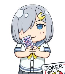 Rule 34 | 1girl, blue eyes, card, chibi, commentary request, cowboy shot, gloves, grey skirt, hair ornament, hair over one eye, hairclip, hama! (3toshinhmkz), hamakaze (kancolle), holding, holding card, joker (playing card), kantai collection, looking at viewer, neckerchief, old maid, playing card, pleated skirt, school uniform, serafuku, short hair, short sleeves, silver hair, simple background, skirt, solo, white background, white gloves, yellow neckerchief
