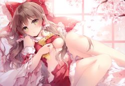 Rule 34 | 1girl, :o, absurdres, bare legs, bare shoulders, bed sheet, blush, bow, breasts, brown hair, cherry blossoms, detached sleeves, feet out of frame, frilled bow, frilled pillow, frilled shirt collar, frills, groin, hair bow, hair tubes, hakurei reimu, hand up, highres, huge filesize, indoors, lifted by self, long hair, long sleeves, looking at viewer, medium breasts, midriff, miniskirt, mochizuki shiina, navel, no bra, no panties, parted lips, petals, petticoat, pillow, red bow, red skirt, scan, shadow, sitting, skirt, skirt set, solo, stomach, thighs, touhou, underboob, very long hair, vest, vest lift, wavy hair, wide sleeves, window, yellow bow, yellow eyes, yellow neckwear