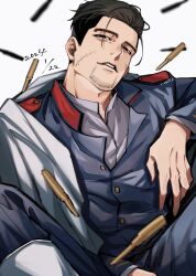 Rule 34 | 1boy, absurdres, black eyes, black hair, blue jacket, blue pants, bullet, dated, epaulettes, facial hair, facial scar, golden kamuy, hair slicked back, half-closed eyes, highres, imperial japanese army, jacket, long sleeves, looking at viewer, male focus, military uniform, ogata hyakunosuke, pants, partially unbuttoned, scar, scar on cheek, scar on face, seductive smile, shell casing, shirt, short hair, simple background, sitting, smile, solo, stubble, undercut, uniform, upper body, white background, white shirt, zeta (ace 343)