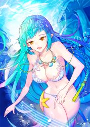 Rule 34 | 1girl, :d, air bubble, bad id, bad pixiv id, bikini, blue hair, braid, breasts, bubble, ggomddak, highres, jewelry, large breasts, long hair, navel, necklace, open mouth, pointy ears, qurare magic library, shell, shell necklace, smile, swimsuit, underwater, yellow eyes