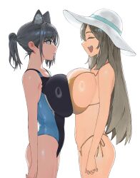 Rule 34 | 2girls, alternate breast size, animal ears, bikini, blue archive, breast press, breasts, commentary, expressionless, facing another, from side, grey hair, hat, highres, huge breasts, large breasts, long hair, looking at another, multiple girls, nonomi (blue archive), nonomi (swimsuit) (blue archive), one-piece swimsuit, open mouth, profile, shiroko (blue archive), shiroko (swimsuit) (blue archive), side-tie bikini bottom, simple background, snorkel14, swimsuit, symmetrical docking, teeth, upper teeth only, white background, yellow bikini
