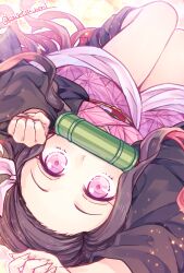 Rule 34 | 1girl, black hair, black kimono, blush, commentary request, dress, dutch angle, eyelashes, fingernails, forehead, hair ribbon, hair spread out, highres, japanese clothes, kamado nezuko, kimetsu no yaiba, kimono, knees up, kousetsu, legs together, light particles, long hair, looking at viewer, lying, on back, orange background, paw pose, pink dress, pink eyes, pink ribbon, ribbon, sharp fingernails, simple background, solo, twitter username