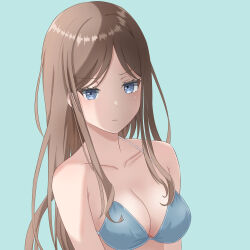 Rule 34 | 1girl, absurdres, bang dream!, bang dream! it&#039;s mygo!!!!!, bare shoulders, beniyomogi, bikini, blue background, blue bikini, blue eyes, breasts, brown hair, cleavage, closed mouth, collarbone, commentary request, halterneck, highres, long hair, looking at viewer, medium breasts, nagasaki soyo, parted bangs, sidelocks, simple background, solo, swimsuit, upper body, variant set