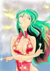 Rule 34 | 1girl, breasts, casual one-piece swimsuit, cleavage, commentary request, cone horns, cowboy shot, electricity, electrokinesis, facing viewer, green hair, highleg, highleg swimsuit, highres, horns, long hair, looking to the side, lum, medium breasts, one-piece swimsuit, pointy ears, red eyes, red one-piece swimsuit, sideways glance, solo, star (symbol), star print, swimsuit, turtleneck, urusei yatsura, yunarisa haruka