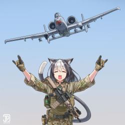 Rule 34 | 1girl, \m/, a-10 thunderbolt ii, agm-65 maverick, air-to-surface missile, aircraft, airplane, animal ears, assault rifle, attack aircraft, autocannon, black hair, camouflage, cannon, cat ears, cat girl, close air support, commentary, dated, desert camouflage, destruction, double \m/, double fox shadow puppet, english commentary, explosive, foregrip, fox shadow puppet, gatling gun, gau-8 avenger, glock, gun, gun sling, gunship, h&amp;k hk416, handgun, highres, holstered, jet, jpc, load bearing vest, military, military operator, military vehicle, multiple-barrel firearm, original, precision-guided munition, rifle, rotary cannon, sling (weapon), soldier, solo, vehicle focus, weapon, white hair, woodland camouflage