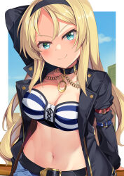 Rule 34 | 1girl, arm up, bandeau, belt, black belt, black choker, black hairband, black jacket, blonde hair, blue eyes, blue sky, border, breasts, choker, cleavage, commentary request, cosplay, day, gold city (umamusume), gold city (umamusume) (cosplay), hairband, highres, jacket, kantai collection, long hair, long sleeves, looking at viewer, midriff, navel, nelson (kancolle), open clothes, open jacket, outdoors, outside border, sky, smile, solo, stomach, strapless, striped bandeau, tube top, umamusume, upper body, very long hair, white border, yasume yukito