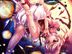 Rule 34 | 1girl, blonde hair, blood, blouse, dress, female focus, flandre scarlet, hat, hat ribbon, ichio, looking at viewer, puffy sleeves, red eyes, ribbon, shirt, shoes, short hair, side ponytail, socks, solo, touhou, white shirt, white socks, wings