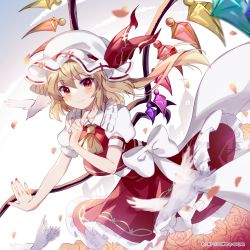 Rule 34 | 1girl, ascot, bird, blonde hair, blush, bow, church, closed mouth, collar, commentary request, copyright notice, cross, flandre scarlet, flower, frilled collar, frilled skirt, frills, hair between eyes, hat, hat bow, highres, looking at viewer, medium hair, mob cap, nail polish, one side up, petals, puffy short sleeves, puffy sleeves, red bow, red eyes, red nails, red skirt, red vest, ribbon, rose, rose petals, shirt, short sleeves, skirt, skirt set, smile, solo, sorani (kaeru0768), touhou, touhou lostword, vest, white bow, white hat, white ribbon, white shirt, wings, yellow ascot