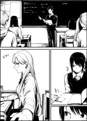 Rule 34 | 2boys, 5girls, blush, chair, chalkboard, classroom, comic, desk, highres, indoors, light smile, long hair, looking at object, monochrome, multiple boys, multiple girls, on desk, original, outstretched arm, school, school chair, school desk, school uniform, short hair, side ponytail, silent comic, sitting, on desk, standing, teacher, translation request, ura. (eqleoq34)
