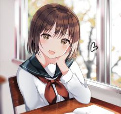 Rule 34 | 1girl, :d, black sailor collar, blurry, blurry background, blush, bob cut, book, brown eyes, brown hair, day, desk, dot nose, hand on own cheek, hand on own face, heart, indoors, long sleeves, looking at viewer, open book, open mouth, original, red neckwear, sailor collar, school, school desk, school uniform, serafuku, shiori (shiori 2 14), shirt, short hair, sitting, sleeve cuffs, smile, solo, sunlight, teeth, tree, upper body, white shirt, window