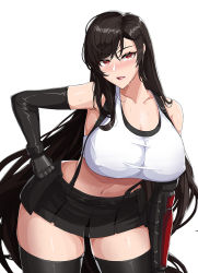 Rule 34 | 1girl, black hair, black skirt, breasts, breasts day, cleavage, clenched hand, elbow gloves, final fantasy, final fantasy vii, gloves, hand on own hip, hella p, large breasts, leaning forward, long hair, miniskirt, open mouth, red eyes, skirt, solo, suspenders, sweat, thighhighs, tifa lockhart, very long hair, white background, wide hips