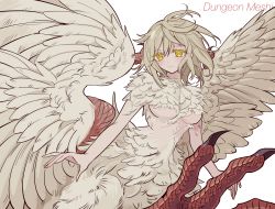 Rule 34 | 1girl, bad id, bad pixiv id, blonde hair, breasts, centauroid, chimera, closed mouth, commentary request, copyright name, cowboy shot, dungeon meshi, falin touden, falin touden (chimera), feathered wings, feathers, floating hair, hair between eyes, highres, looking at viewer, medium breasts, meremero, monster girl, short hair, sidelocks, simple background, smile, solo, spoilers, talons, taur, underboob, white background, wings, yellow eyes