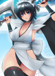 Rule 34 | 1girl, black hair, black thighhighs, blue eyes, breasts, butterfly swords, cleavage, eropersona, eyebrows, highres, holding, holding weapon, iroha (samurai spirits), large breasts, leotard, leotard under clothes, looking at viewer, maid, maid headdress, pelvic curtain, ribbon-trimmed legwear, ribbon trim, samurai spirits, short hair, smile, snk, solo, thighhighs, weapon, wide hips