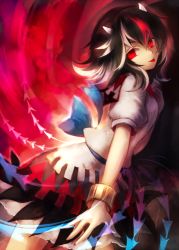 Rule 34 | 1girl, arrow (symbol), black hair, cuffs, dress, horns, kijin seija, looking at viewer, maho moco, multicolored hair, outstretched arm, puffy sleeves, red background, red eyes, ribbon, short hair, short sleeves, simple background, smile, solo, tongue, tongue out, touhou