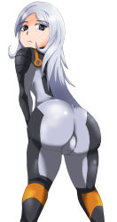 Rule 34 | 10s, 1girl, absurdres, aila jyrkiainen, artist request, ass, bent over, blue eyes, bodysuit, expressionless, from behind, gundam, gundam build fighters, highres, huge ass, long hair, looking at viewer, looking back, silver hair, solo