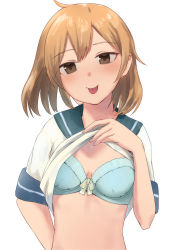 Rule 34 | 1girl, blue bra, blue sailor collar, bra, brown eyes, brown hair, clothes lift, commentary request, highres, kantai collection, looking at viewer, oboro (kancolle), sailor collar, sakieko, school uniform, serafuku, shirt lift, short hair, simple background, solo, tongue, tongue out, underwear, upper body, white background