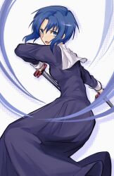 Rule 34 | 1girl, absurdres, black dress, black keys (type-moon), blue eyes, blue hair, ciel (tsukihime), commentary, dress, english commentary, habit, highres, holding, holding sword, holding weapon, long sleeves, looking at viewer, nun, open mouth, parted bangs, short hair, solo, sword, tara3763, traditional nun, tsukihime, weapon