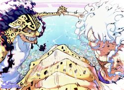 Rule 34 | 2boys, alternate form, black hair, claws, gear fifth, highres, holding hands, leopard boy, looking at another, male focus, midair, monkey d. luffy, multiple boys, muscular, muscular male, one piece, purple sash, red eyes, rob lucci, sash, scar, scar on chest, scar on face, sharp teeth, signature, smile, steam, tacchan56110, teeth, topless male, white hair