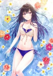 Rule 34 | 1girl, bare arms, bare shoulders, bikini, black eyes, black hair, blush, breasts, cleavage, collarbone, flower, fukahire (ruinon), halterneck, hand up, highres, long hair, looking at viewer, lying, medium breasts, mismatched bikini, navel, on back, orange flower, original, parted lips, red flower, scan, side-tie bikini bottom, sidelocks, solo, stomach, swimsuit, thighs, water, yellow flower