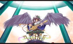 Rule 34 | 1girl, arm warmers, bird wings, black hair, black thighhighs, boots, bow, breasts, cape, cross-laced footwear, electric guitar, guitar, hair bow, highres, instrument, large breasts, letterboxed, open mouth, puffy short sleeves, puffy sleeves, red eyes, reiuji utsuho, roshin yuukai (vocaloid), shirt, short sleeves, skirt, smile, solo, space, suikamaru, thighhighs, third eye, touhou, vocaloid, wings, zettai ryouiki