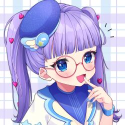 Rule 34 | 1girl, :d, absurdres, blue eyes, blue hat, blue nails, blunt bangs, blush, bracelet, commentary request, finger to mouth, glasses, hair ornament, hand up, hat, heart, heart hair ornament, highres, himitsu no aipri, jewelry, long hair, looking at viewer, mau (pomme 0920), nail polish, notice lines, open mouth, pink-framed eyewear, player character (aipri), pretty series, purple hair, round eyewear, smile, solo, twintails, upper body