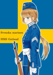 Rule 34 | aqua eyes, belt, belt pouch, blonde hair, blue hat, blue jacket, blue pants, braid, breast pocket, buttons, closed mouth, coat of arms, collared jacket, commentary request, flag background, garrison cap, gloves, gotland (warship girls r), gun, hat, highres, holding, holding weapon, insignia, jacket, knife, long hair, looking to the side, military, military uniform, outline, pants, pocket, ponytail, pouch, rifle, shoulder strap, smile, solo, swedish flag, swedish text, swedish uniform, tre kronor, uniform, warship girls r, weapon, white belt, white gloves, white outline, whiterose tavern