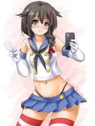 Rule 34 | 1girl, ahoge, akimoto dai, black hair, black hairband, black panties, blue eyes, blue sailor collar, blue skirt, blush, braid, cellphone, commentary request, cosplay, crop top, elbow gloves, gloves, hair flaps, hair over shoulder, hairband, highleg, highleg panties, highres, holding, holding phone, kantai collection, long hair, looking at viewer, microskirt, miniskirt, nose blush, one-hour drawing challenge, panties, phone, pleated skirt, sailor collar, shigure (kancolle), shimakaze (kancolle), shimakaze (kancolle) (cosplay), single braid, skirt, solo, striped clothes, striped thighhighs, thighhighs, underwear, v, white gloves