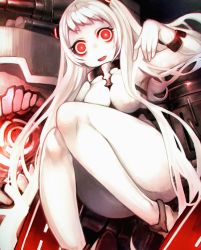 Rule 34 | 10s, 1girl, abyssal ship, airfield princess, bad id, bad pixiv id, chromatic aberration, colored skin, eyelashes, horns, kantai collection, knees together feet apart, leotard, long hair, looking at viewer, machinery, open mouth, red eyes, runway, sitting, smile, solo, teroru, very long hair, white hair, white skin, wide-eyed