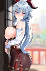 Rule 34 | 1girl, absurdres, against wall, arched back, ass, bare shoulders, black pantyhose, blue hair, blurry, blurry background, blush, breast press, breasts, closed mouth, cowboy shot, day, detached sleeves, dot nose, from side, ganyu (genshin impact), genshin impact, hair between eyes, hand on own wrist, highres, horns, lactation, large breasts, light frown, long hair, looking at viewer, pantyhose, pink eyes, shengtian, solo, torn clothes