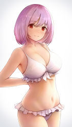 Rule 34 | 10s, 1girl, absurdres, arms behind back, bare shoulders, bikini, blush, breasts, cleavage, closed mouth, collarbone, curvy, frilled bikini, frills, gridman universe, highres, kannko bokujou, large breasts, legs together, looking at viewer, navel, orange eyes, pink hair, revision, shinjou akane, short hair, simple background, smile, solo, ssss.gridman, standing, stomach, swimsuit, white background, white bikini