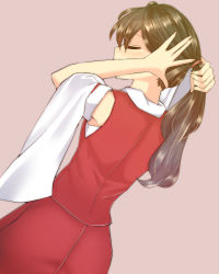Rule 34 | 1girl, absurdres, alternate hairstyle, bare shoulders, brown hair, closed eyes, collared shirt, commentary request, cowboy shot, detached sleeves, dutch angle, from behind, hakurei reimu, hands in hair, highres, light blush, long hair, mokutan (link machine), nape, ponytail, red shirt, red skirt, shirt, simple background, skirt, sleeveless, sleeveless shirt, solo, touhou, white shirt
