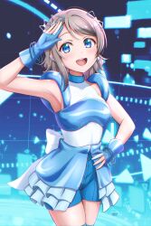 Rule 34 | 1girl, absurdres, armpits, blue background, blue eyes, blue gloves, blush, breasts, ckst, commentary request, earclip, gloves, grey hair, hand on own hip, highres, looking at viewer, love live!, love live! sunshine!!, medium breasts, short hair, smile, solo, upper body, watanabe you