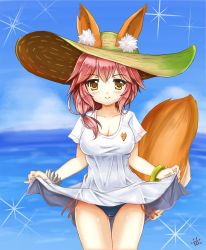 Rule 34 | 1girl, animal ear fluff, animal ears, bikini, bikini under clothes, blue bikini, breasts, cleavage, closed mouth, collarbone, day, ears through headwear, fate/grand order, fate (series), fox ears, fox tail, geukhan taeyang, hat, large breasts, lifted by self, looking at viewer, ocean, outdoors, pink hair, side-tie bikini bottom, solo, straw hat, swimsuit, tail, tamamo (fate), tamamo no mae (fate/extra), tamamo no mae (swimsuit lancer) (fate), tamamo no mae (swimsuit lancer) (first ascension) (fate), yellow eyes